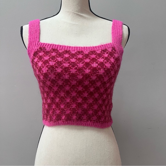 Zara checked knit crop top burgundy pink size medium - Picture 2 of 9